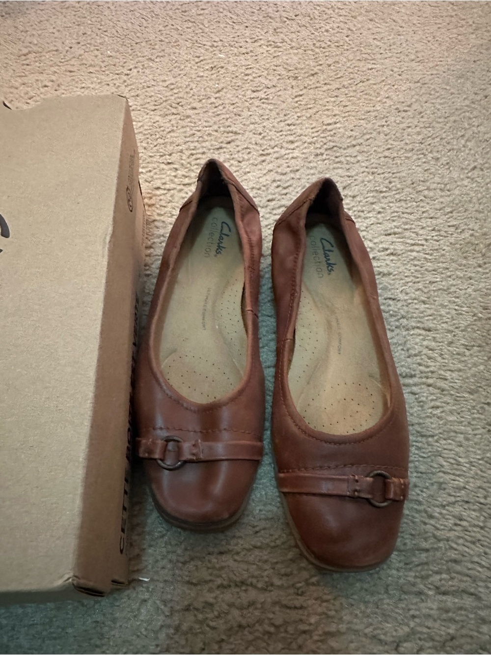 Clarks Women’s Tan Leather Ballet Flats with Buckle Accent